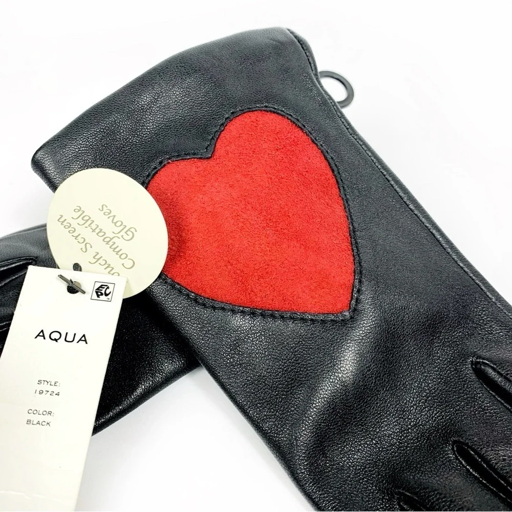 Aqua Leather Gloves w/ Red Suede Heart • Luxe Black NWT Gloves • Gift-Ready $129